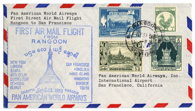 Image: airmail flight cover: Pan American World Airways, Rangoon - San Francisco route