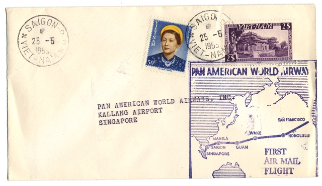 Airmail flight cover: Pan American World Airways, Saigon - Singapore route