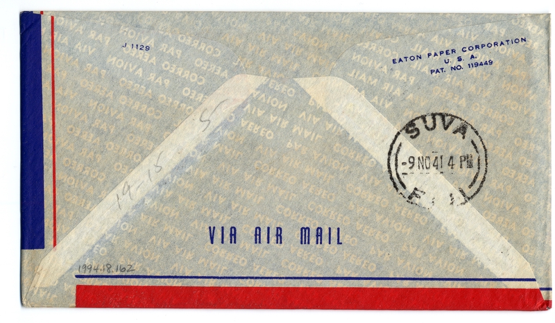 Image: airmail flight cover: United States Air Mail, FAM-19, San Francisco - Suva (Fiji) route