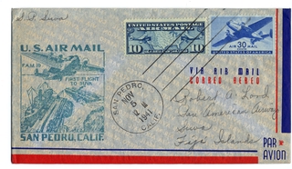 Image: airmail flight cover: United States Air Mail, FAM-19, San Pedro - Suva (Fiji) route