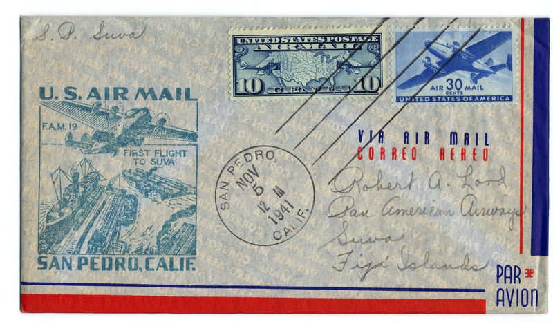 Image: airmail flight cover: United States Air Mail, FAM-19, San Pedro - Suva (Fiji) route