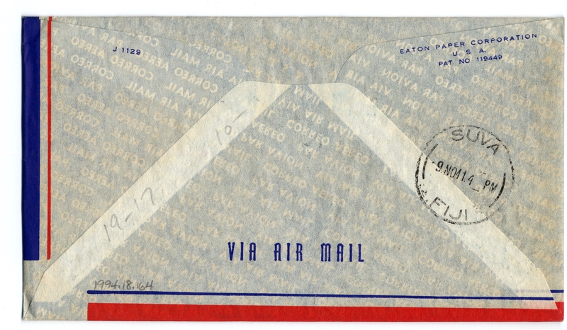 Image: airmail flight cover: United States Air Mail, FAM-19, San Pedro - Suva (Fiji) route