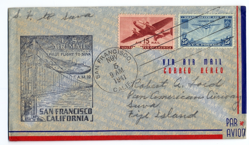 Image: airmail flight cover: United States Air Mail, FAM-19, San Francisco - Suva (Fiji) route