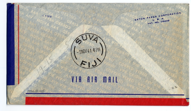 Image: airmail flight cover: United States Air Mail, FAM-19, San Francisco - Suva (Fiji) route