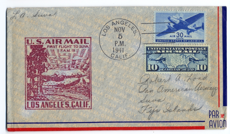 Image: airmail flight cover: United States Air Mail, FAM-19, Los Angeles - Suva (Fiji) route