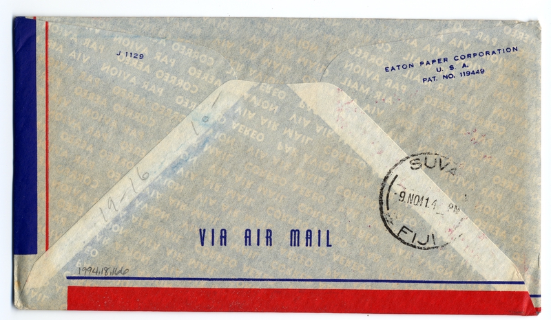 Image: airmail flight cover: United States Air Mail, FAM-19, Los Angeles - Suva (Fiji) route