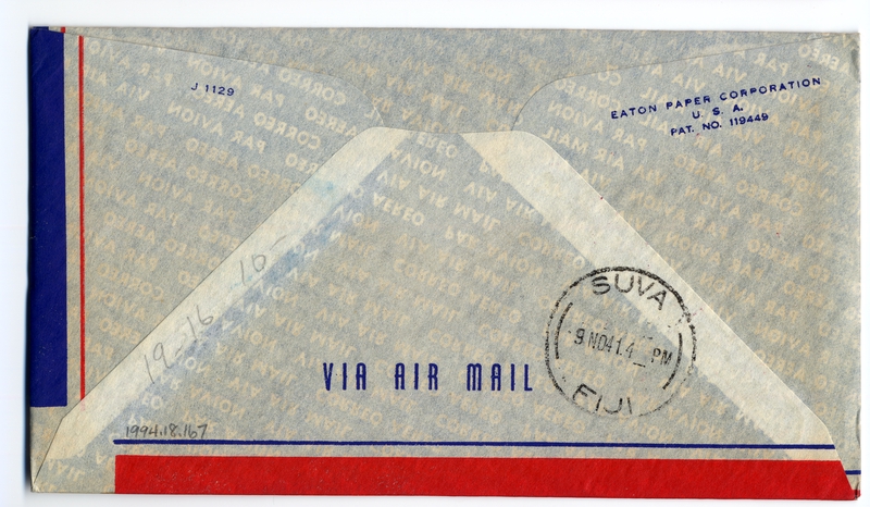Image: airmail flight cover: United States Air Mail, FAM-19, Los Angeles - Suva (Fiji) route