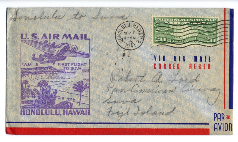 Image: airmail flight cover: United States Air Mail, FAM-19, Honolulu - Suva (Fiji) route