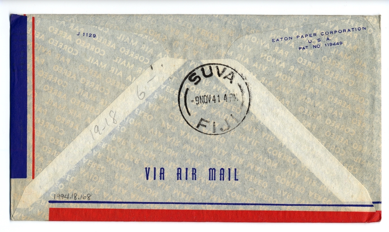 Image: airmail flight cover: United States Air Mail, FAM-19, Honolulu - Suva (Fiji) route