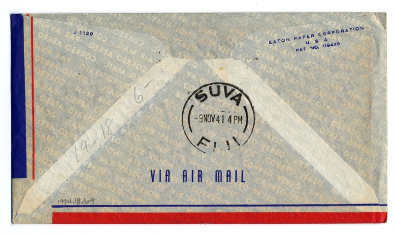 Image: airmail flight cover: United States Air Mail, FAM-19, Honolulu - Suva (Fiji) route