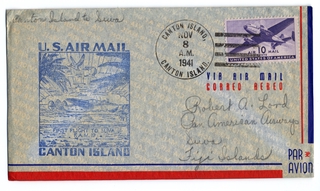 Image: airmail flight cover: United States Air Mail, FAM-19, Canton Island - Suva (Fiji) route