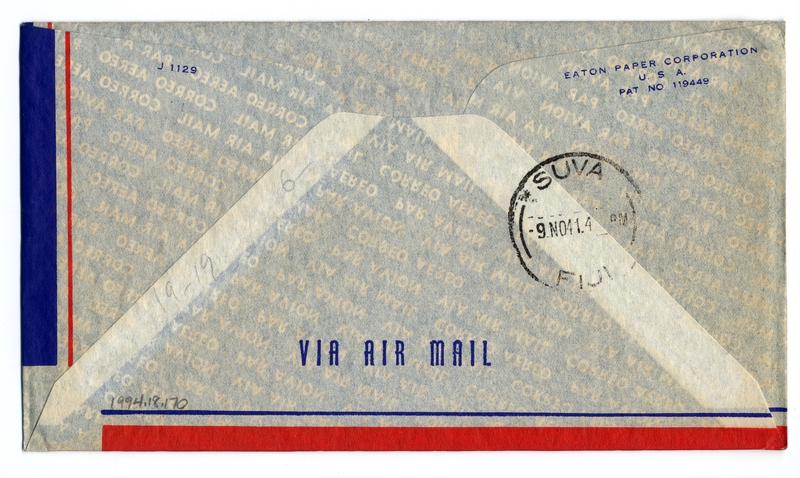 Image: airmail flight cover: United States Air Mail, FAM-19, Canton Island - Suva (Fiji) route