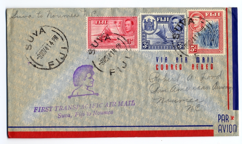 Image: airmail flight cover: Transpacific Air Mail, first airmail flight, Suva (Fiji) - Noumea (New Caledonia) route