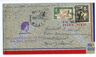 Image: airmail flight cover: Transpacific Air Mail, Suva (Fiji) - Auckland route