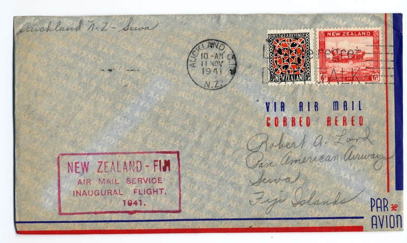 Image: airmail flight cover: Air Mail Service, Auckland - Suva (Fiji) route