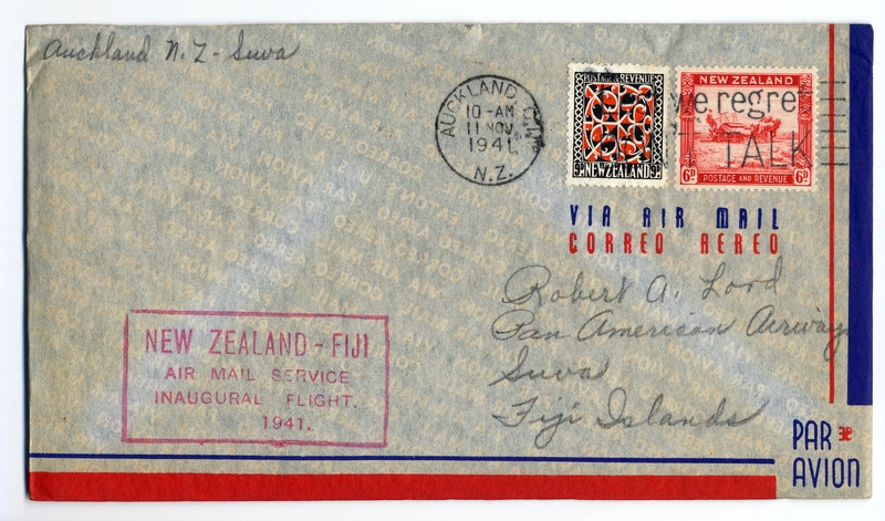 Image: airmail flight cover: Air Mail Service, Auckland - Suva (Fiji) route