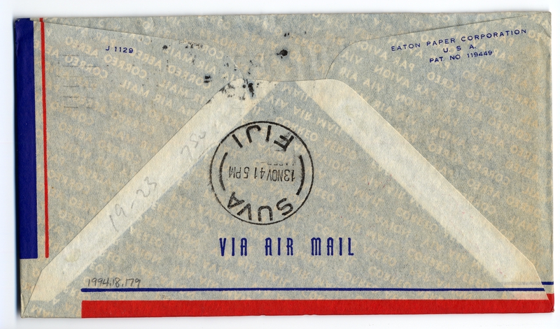 Image: airmail flight cover: Air Mail Service, Auckland - Suva (Fiji) route