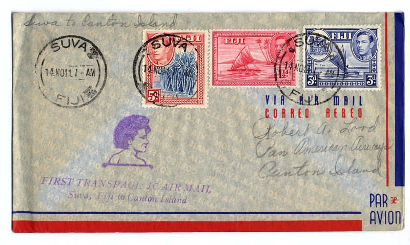 Image: airmail flight cover: Transpacific Air Mail, Suva (Fiji) - Canton Island route
