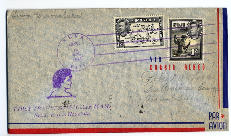 Image: airmail flight cover: Transpacific Air Mail, Suva (Fiji) - Honolulu route