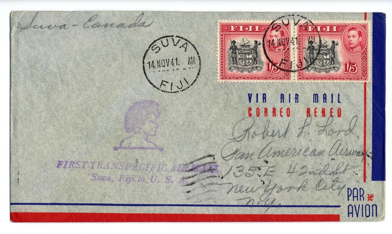 Image: airmail flight cover: Transpacific Air Mail, Suva (Fiji) - Vancouver route