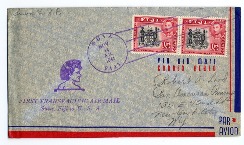 Image: airmail flight cover: Transpacific Air Mail, Suva (Fiji) - San Pedro route