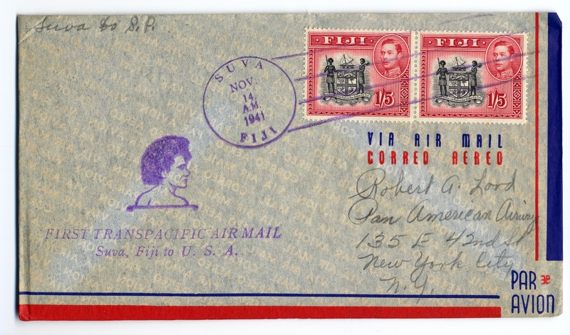 Image: airmail flight cover: Transpacific Air Mail, Suva (Fiji) - San Pedro route