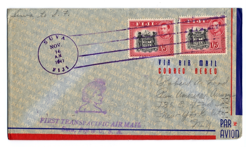 Image: airmail flight cover: Transpacific Air Mail, Suva (Fiji) - San Francisco route