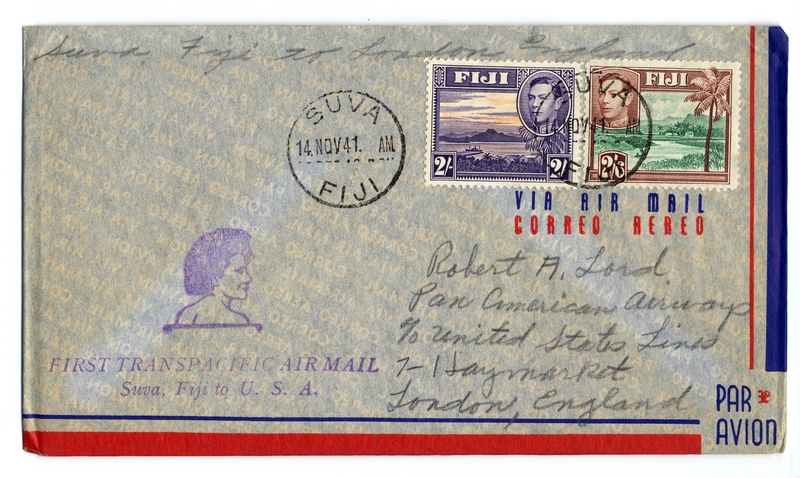 Image: airmail flight cover: Transpacific Air Mail, Suva (Fiji) - London route