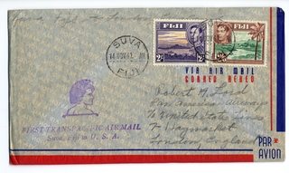 Image: airmail flight cover: Transpacific Air Mail, Suva (Fiji) - London route