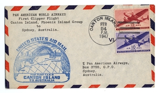 Image: airmail flight cover: Pan American World Airways, FAM-19, Canton Island - Sydney route