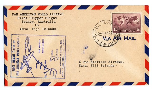 Airmail flight cover: Pan American World Airways, Sydney - Suva (Fiji) route