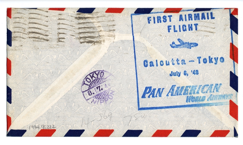 Image: airmail flight cover: Pan American World Airways, Calcutta - Tokyo route
