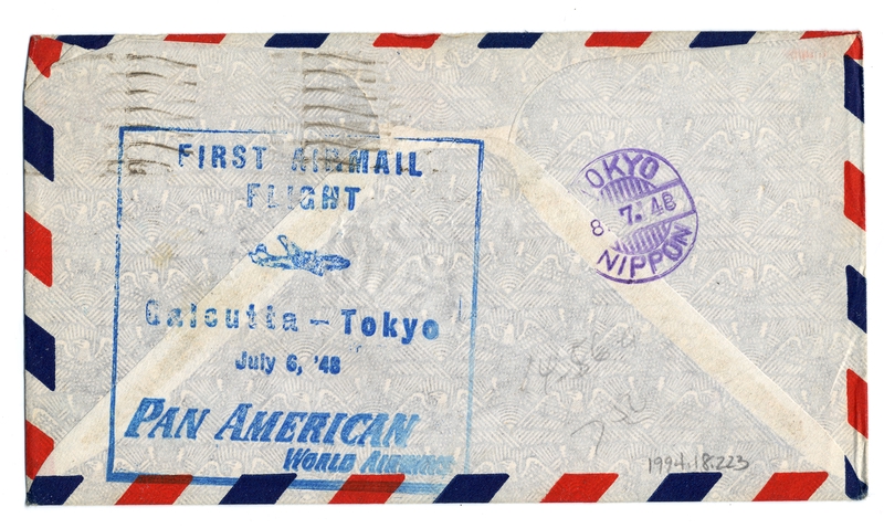 Image: airmail flight cover: Pan American World Airways, Calcutta - Tokyo route