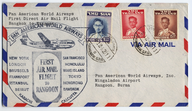 Image: airmail flight cover: Pan American World Airways, Bangkok - Rangoon route