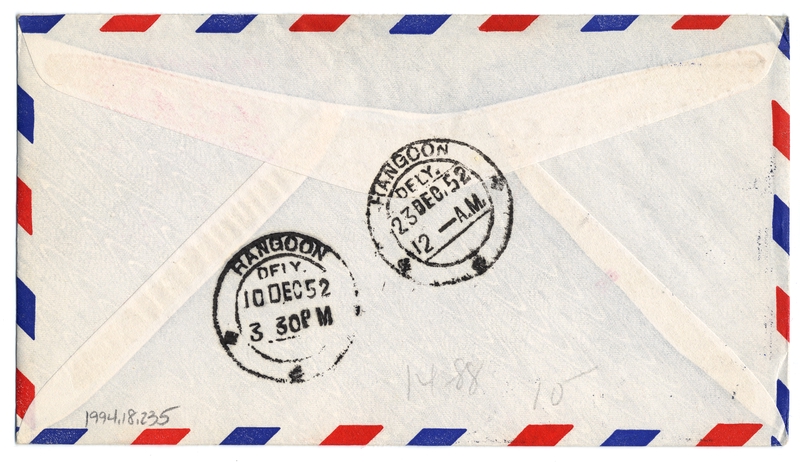 Image: airmail flight cover: Pan American World Airways, Tokyo - Rangoon route