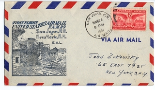 Image: airmail flight cover: United States Air Mail, FAM-9, San Juan, Puerto Rico - New York route