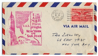 Image: airmail flight cover: United States Air Mail, FAM-29, New York - San Juan, Puerto Rico route