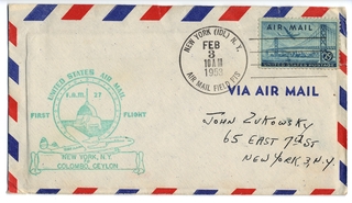 Image: airmail flight cover: United States Air Mail, FAM-27, New York - Colombo, Ceylon route
