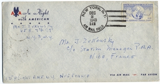 Image: airmail flight cover: American Airlines, New York - Nice, France route
