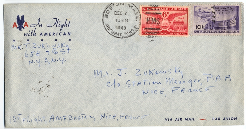 Image: airmail flight cover: American Airlines, Boston - Nice, France route