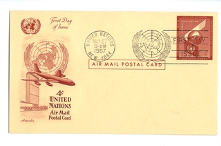 Image: airmail postal card: United Nations airmail postcard, first day of issue
