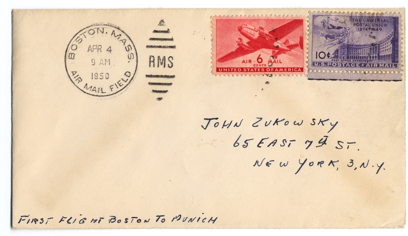 Image: airmail flight cover: Boston - Munich route