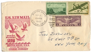 Image: airmail flight cover: United States Air Mail, FAM-24, Boston - Cologne route