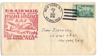 Image: airmail flight cover: United States Air Mail, Italian Airlines (Linee Aeree Italiane), New York - Rome route