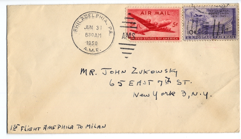Image: airmail flight cover: Philadelphia - Milan route