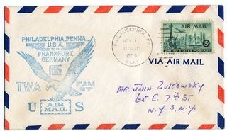 Image: airmail flight cover: TWA (Trans World Airlines), FAM-27, Philadelphia - Frankfurt route