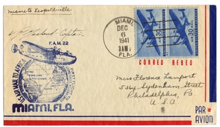 Image: airmail flight cover: United States Air Mail, first airmail flight, FAM-22, Miami - Leopoldville route