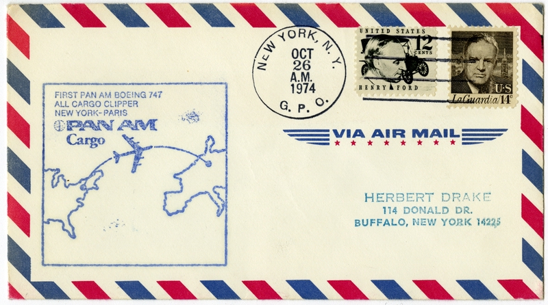 Image: airmail flight cover: Pan American World Airways Cargo, first flight, Boeing 747, New York - Paris route