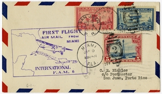 Image: airmail flight cover: First airmail flight, FAM-6, Miami - San Juan route