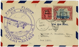 Image: airmail flight cover: First airmail flight, FAM-7, Miami - Nassau route